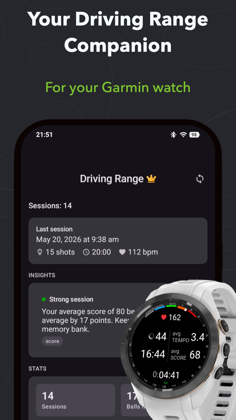 Driving Range companion app home screen on Android