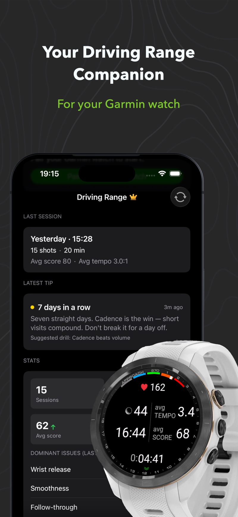 Driving Range companion app home screen on iPhone