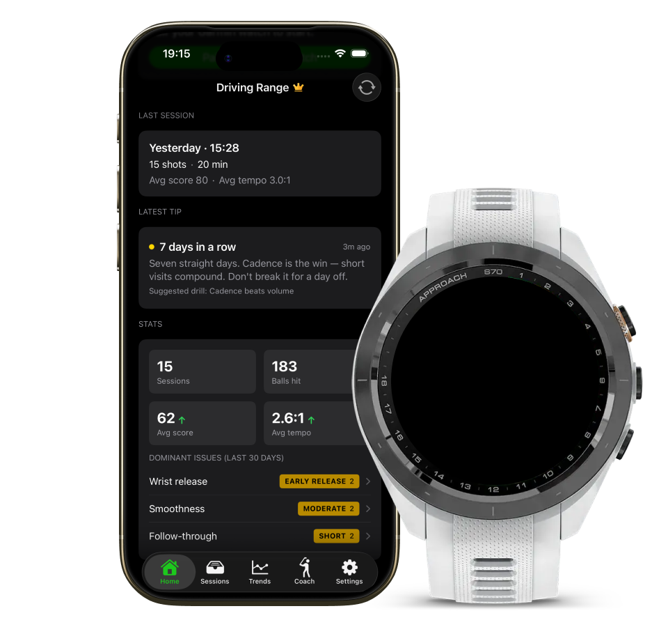 Driving Range app on iPhone showing session stats and coaching, next to a Garmin Approach S70 showing live swing metrics