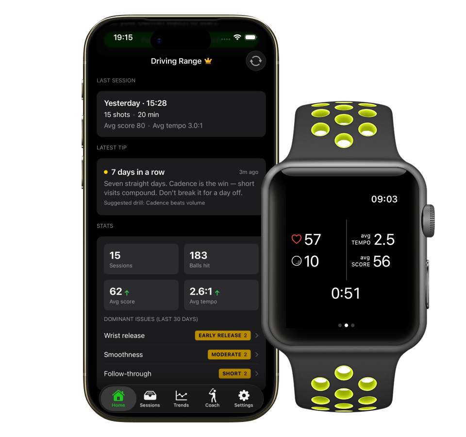 Driving Range app on iPhone showing session stats and coaching, next to an Apple Watch showing live swing metrics