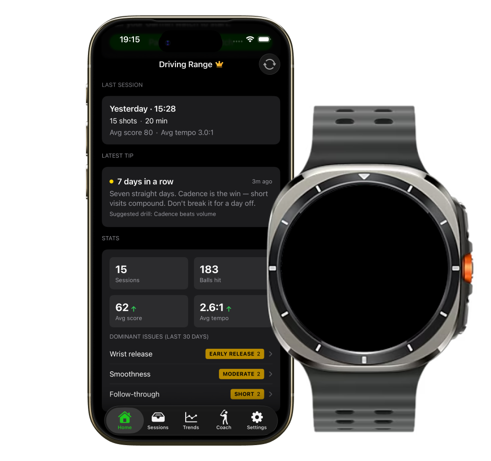 Driving Range app on iPhone showing session stats and coaching, next to a Wear OS smartwatch showing live swing metrics